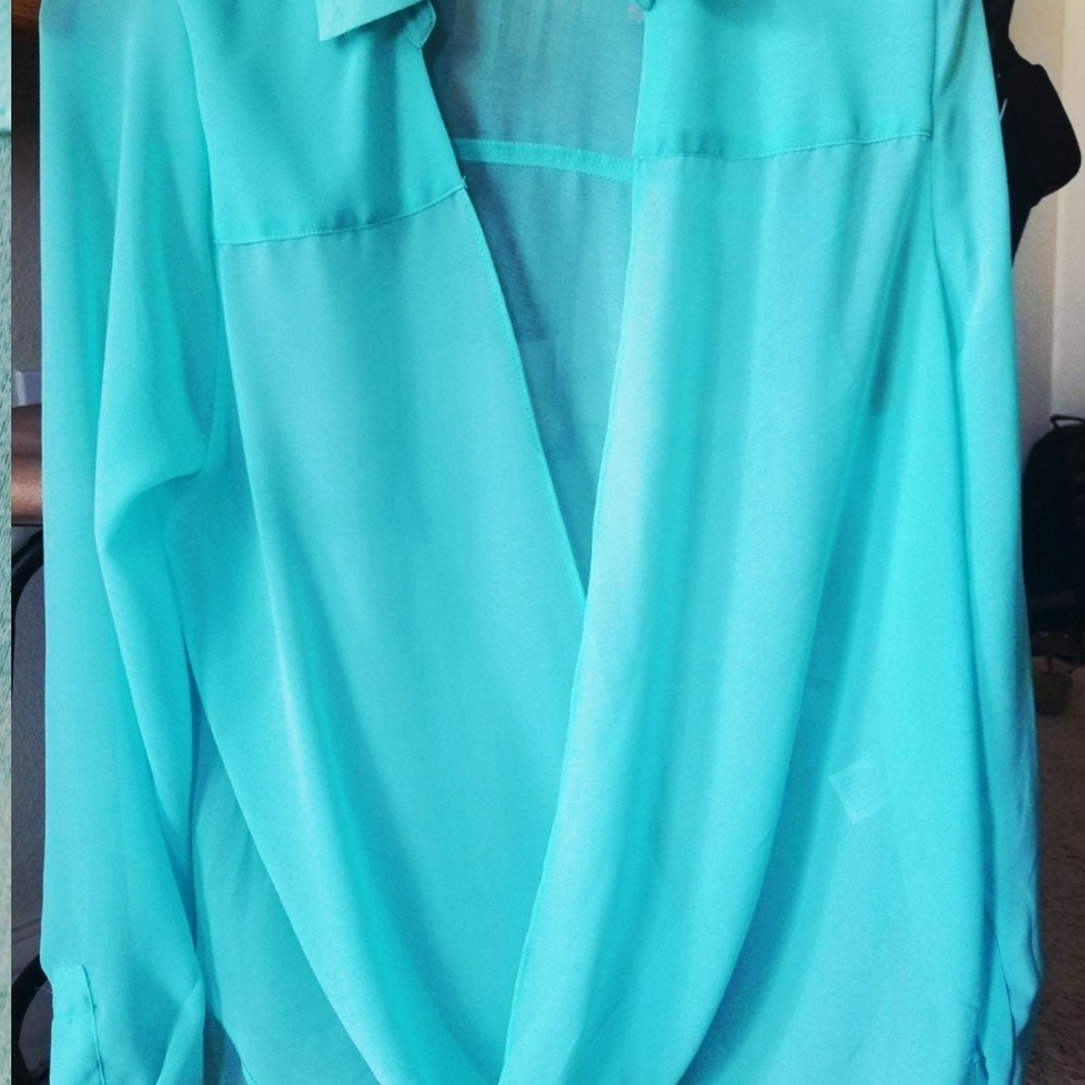 Xhilaration Blouse Sheer Light Turquoise Faux Wrap